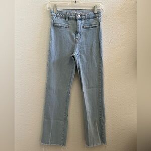 Zara size 2 high waist flare ankle light denim fringe flat front button jeans